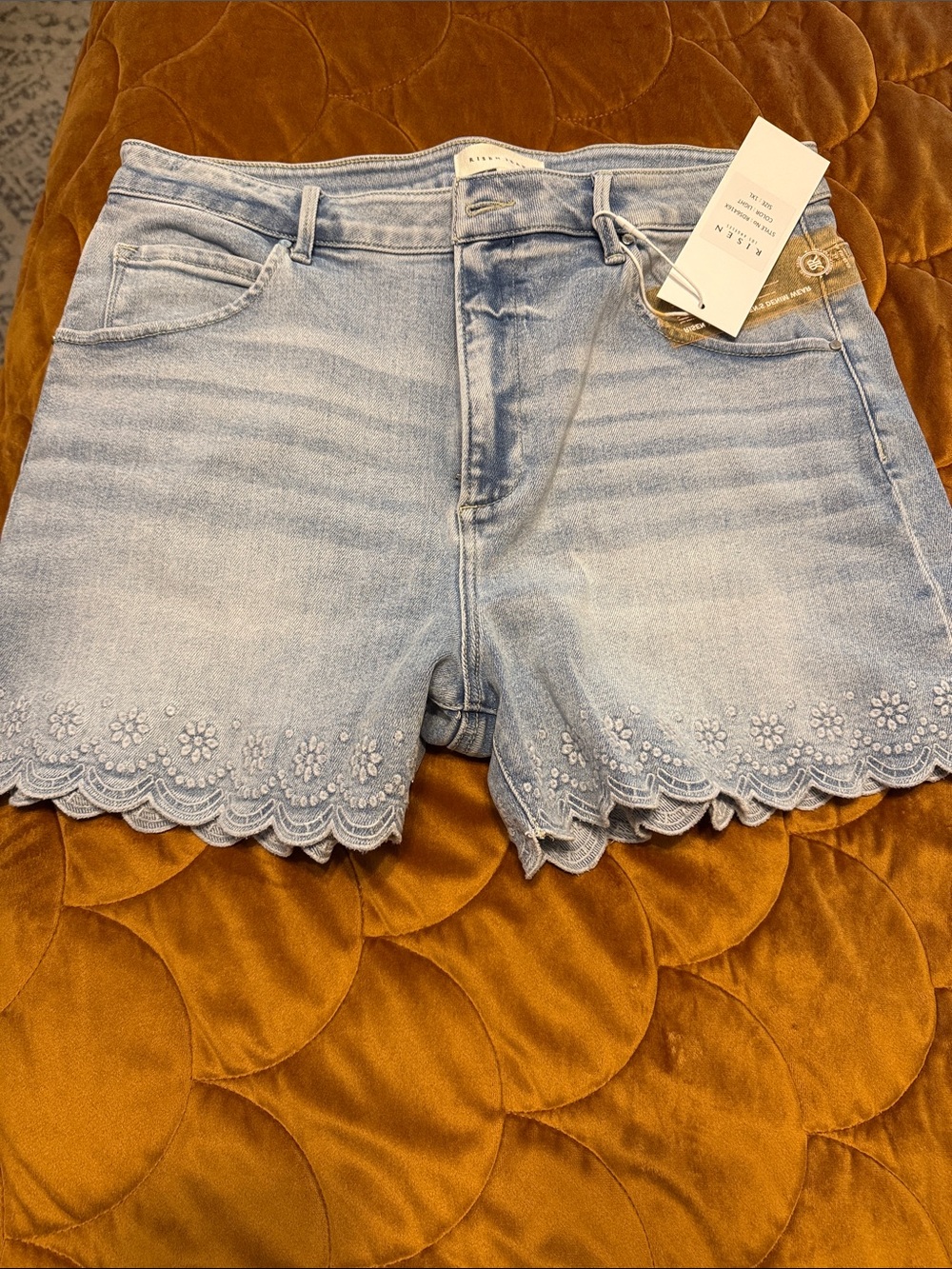 Scalloped Eyelet Light Wash Denim Shorts
